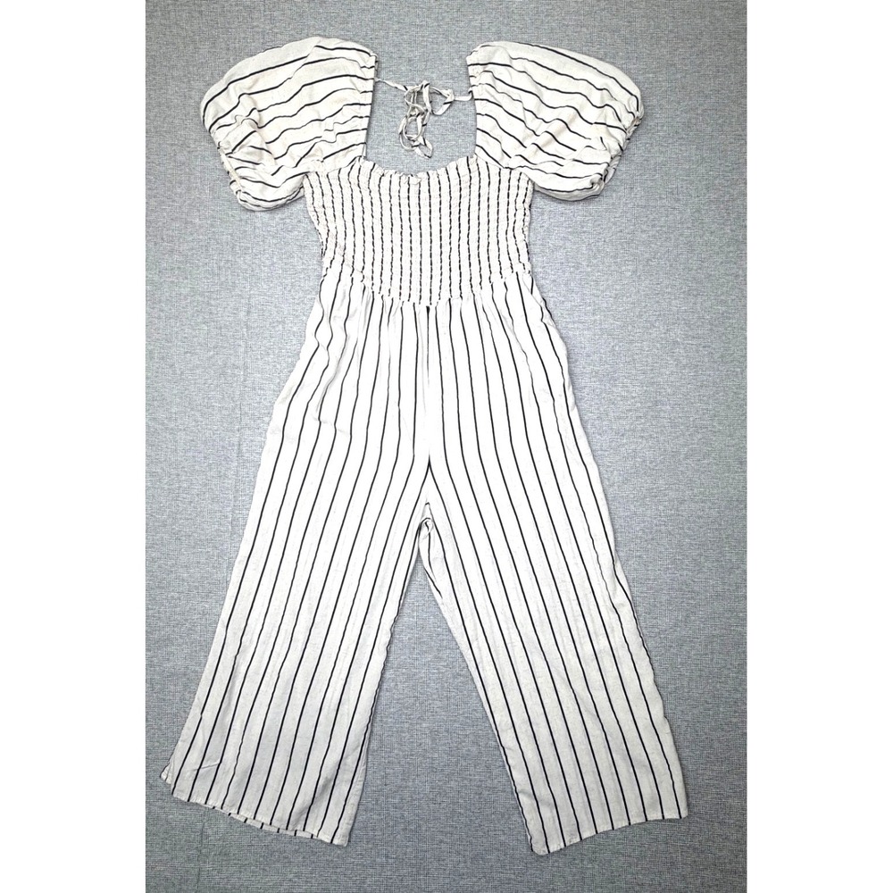 Luxology Striped Smocked Puff Sleeve Wide Leg Jumpsuit White & Black Sz L